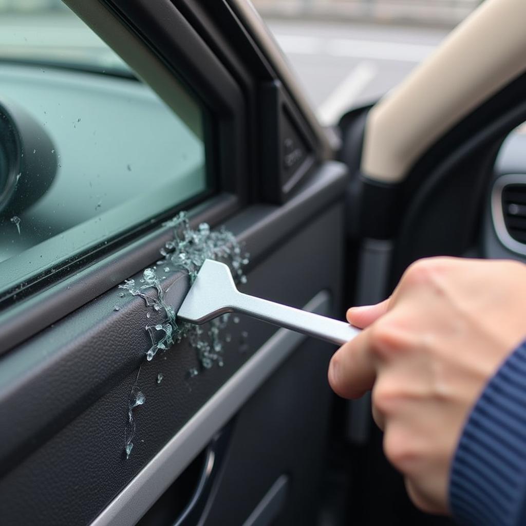 Using a car escape tool to break a car window