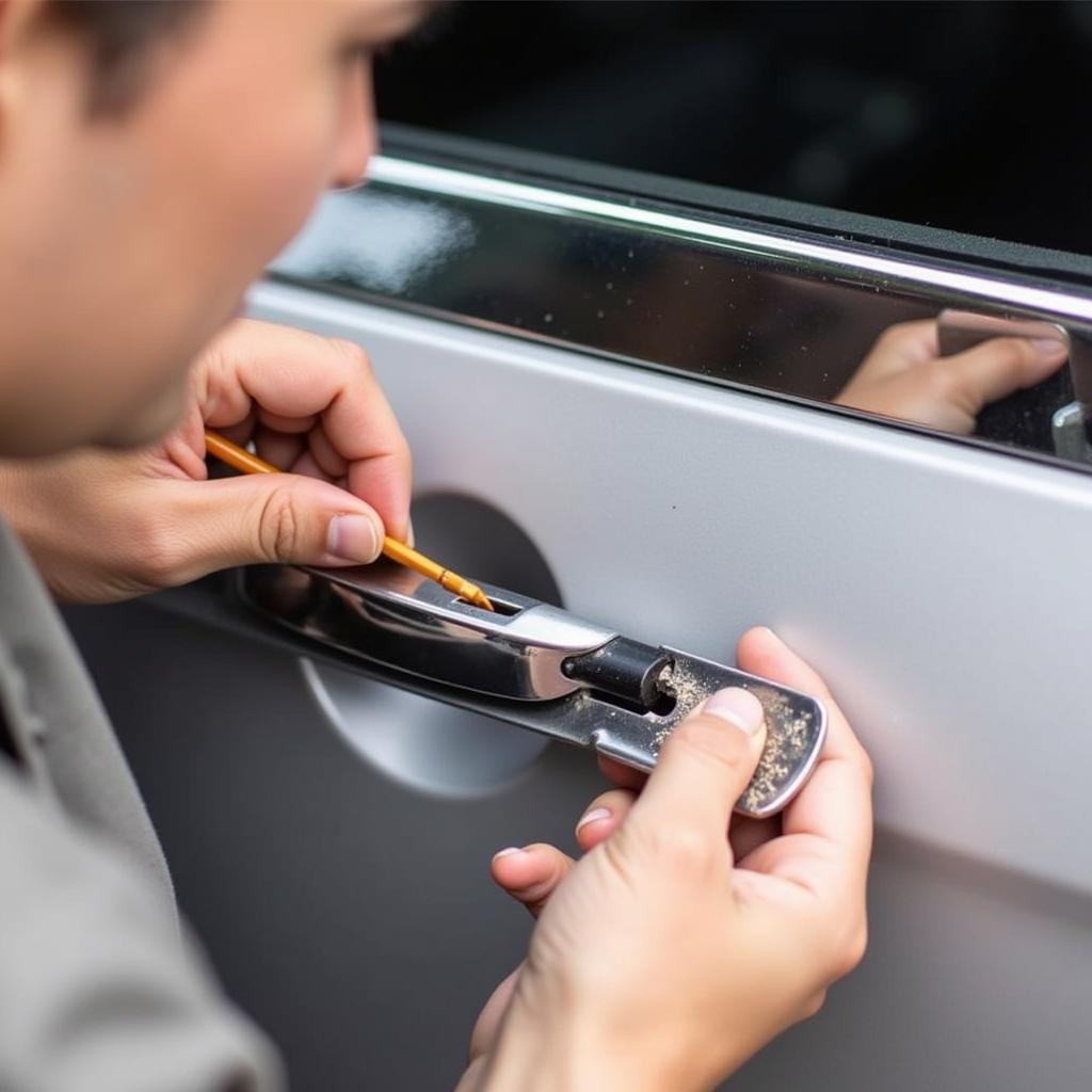 Close-up of a person inspecting and cleaning their car escape tool.