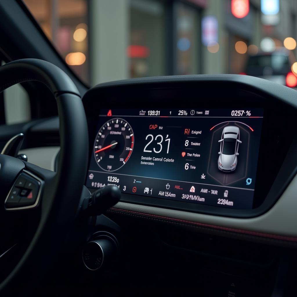 Car health monitor dashboard display showing various parameters like engine temperature, fuel level, and tire pressure.