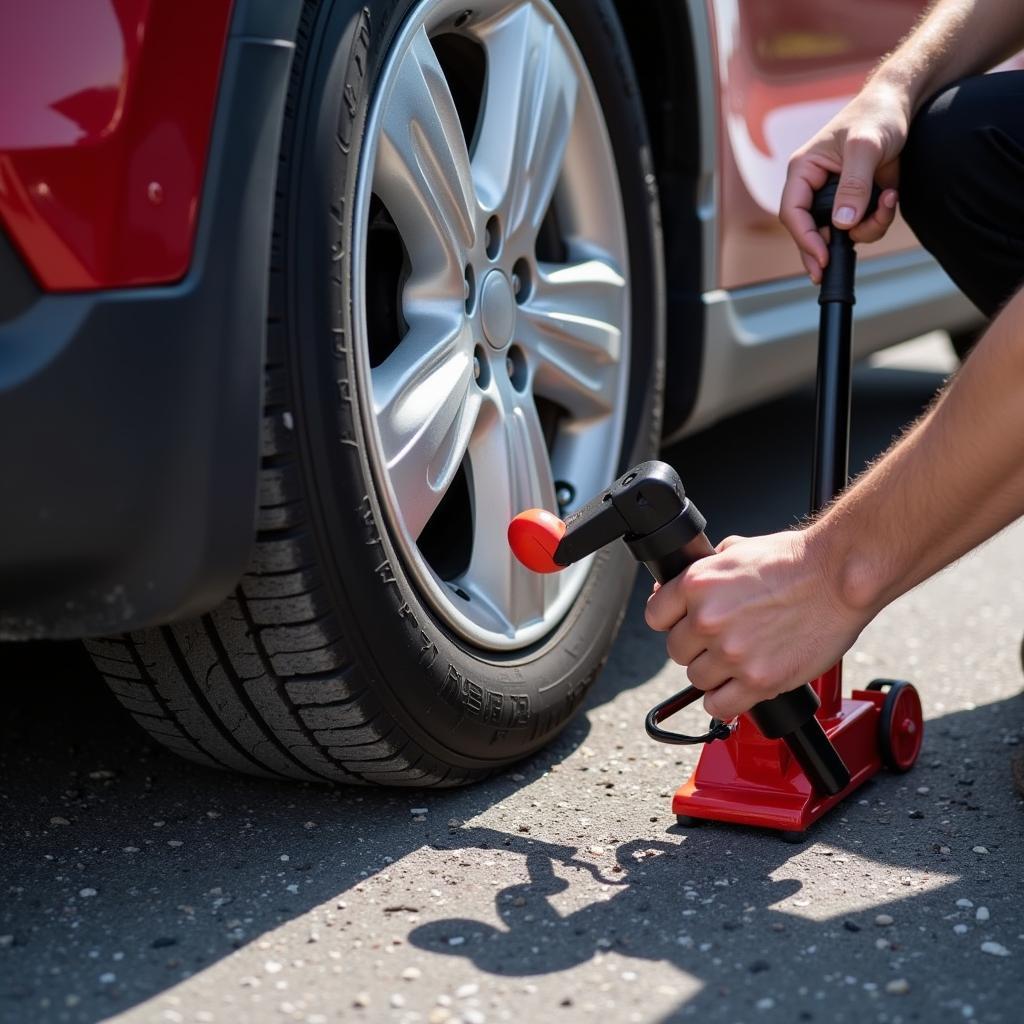 Car Jack and Lug Wrench in Use