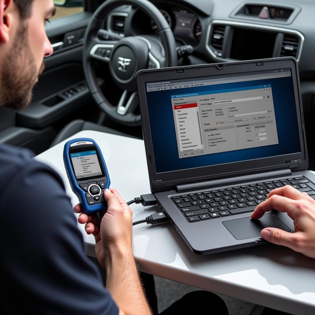 Technician checking car key programmer compatibility