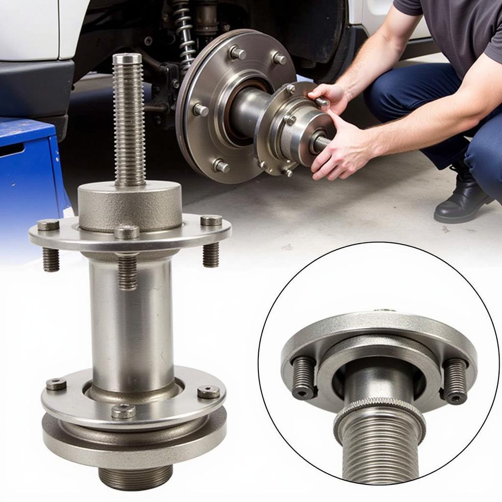 Car knuckle hub press tool being used to remove a hub