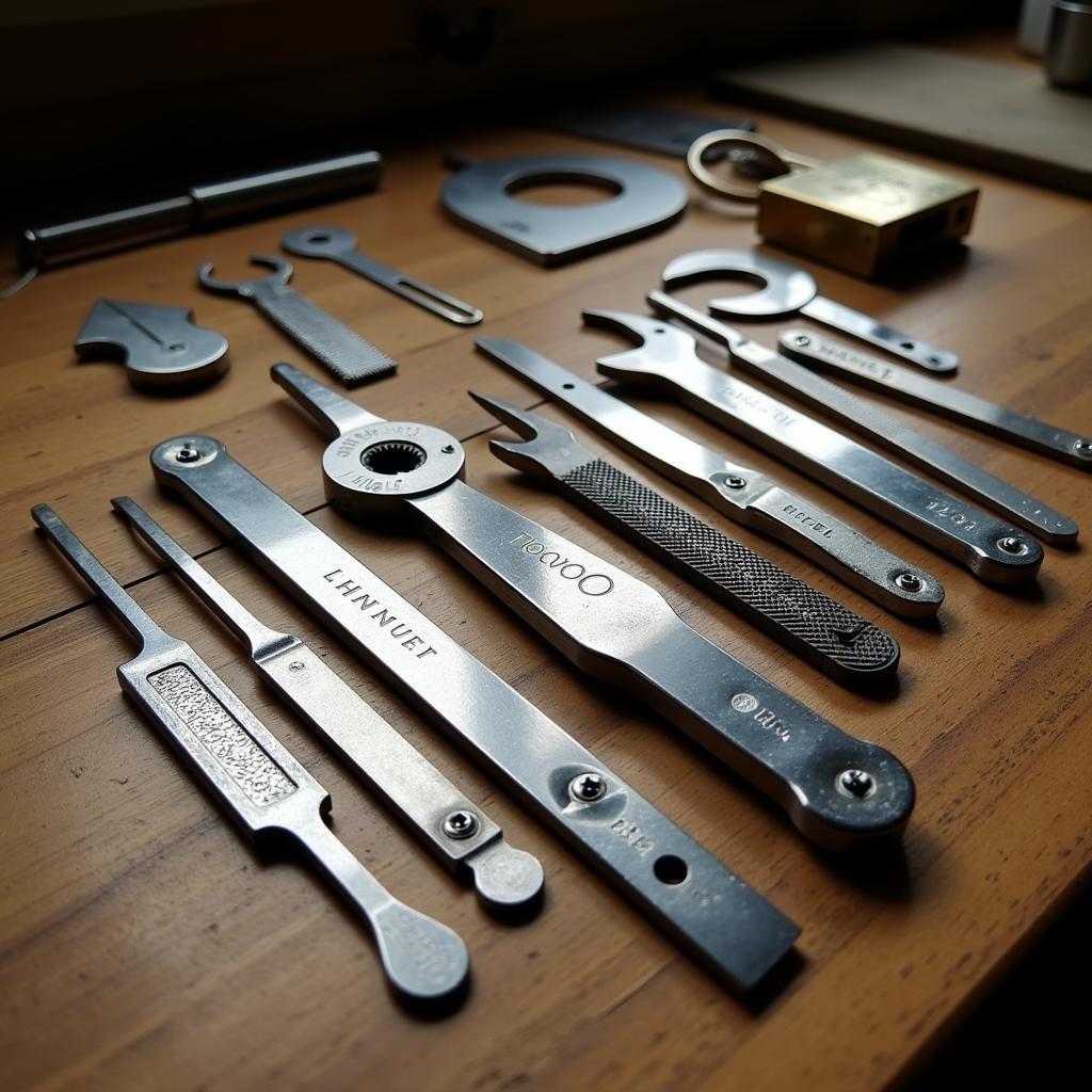 A comprehensive car lockpick tool set displayed on a workbench