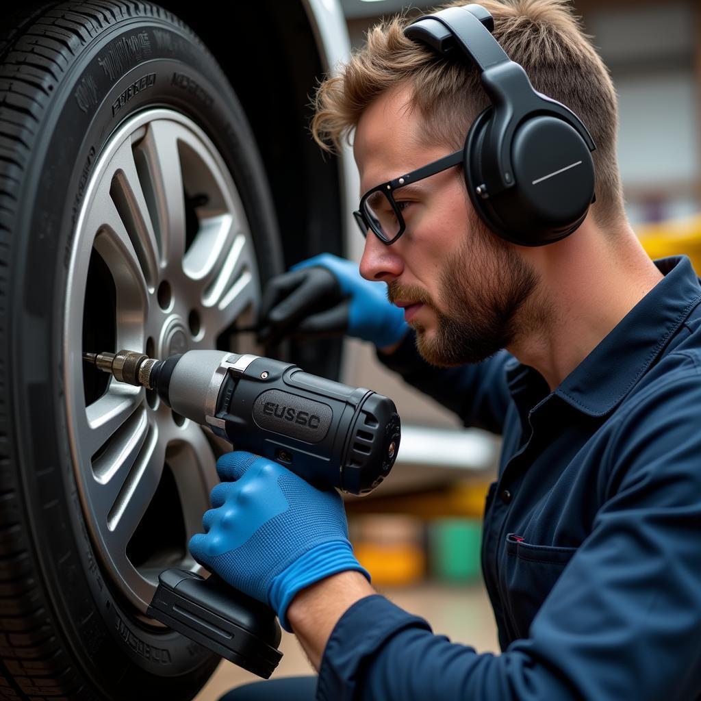 Car Mechanic Using Impact Wrench with Safety Gear