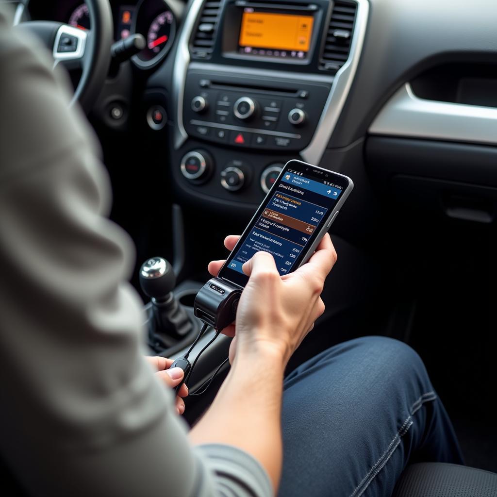 Car owner using an OBD2 scanner to check their car's health.