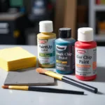 Car paint chip repair kit with various tools and materials.