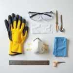 Essential safety gear for car paint removal - gloves, goggles, and respirator