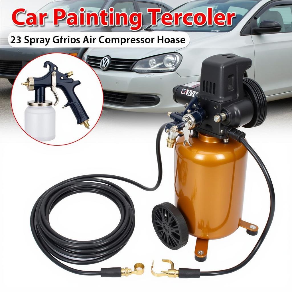 Car painting spray gun setup: spray gun, air compressor, hoses.