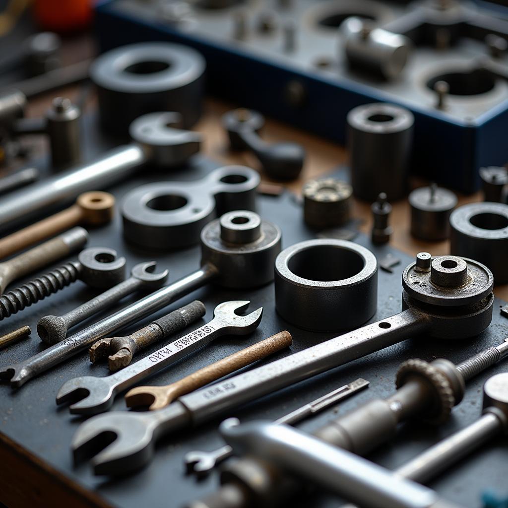 Car part tools neatly organized on a workbench, resembling a layered cake.