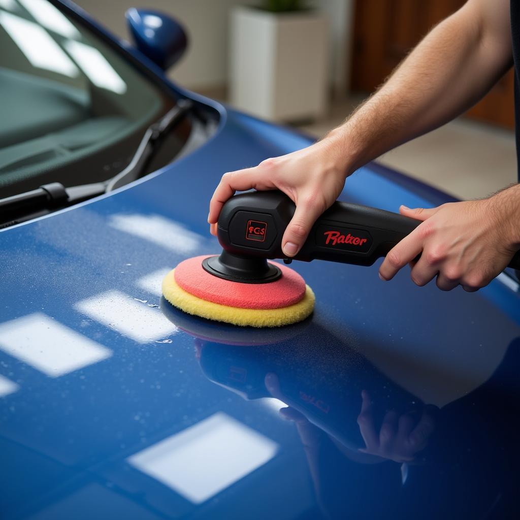 Using a car polisher to achieve a glossy finish.