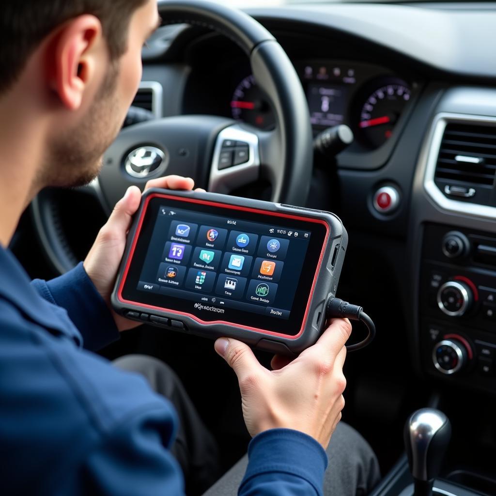 Mechanic using a car programming tool to diagnose a vehicle