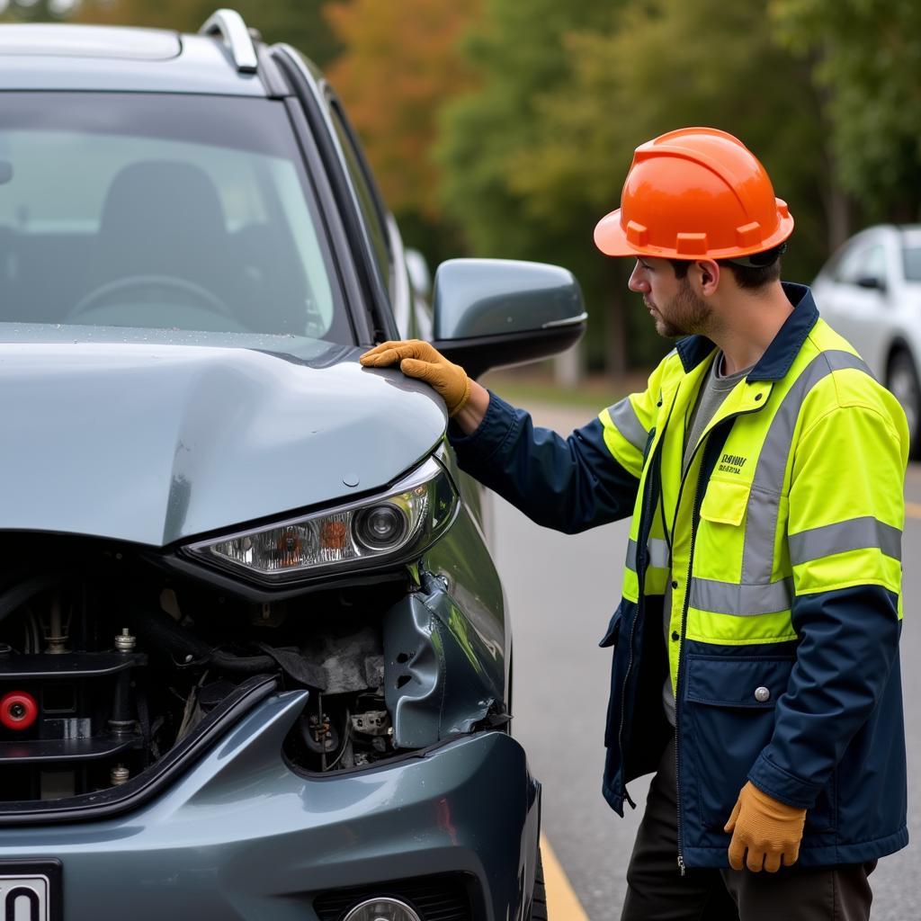 Recovery operator wearing safety gear preparing to pull an accidental car.