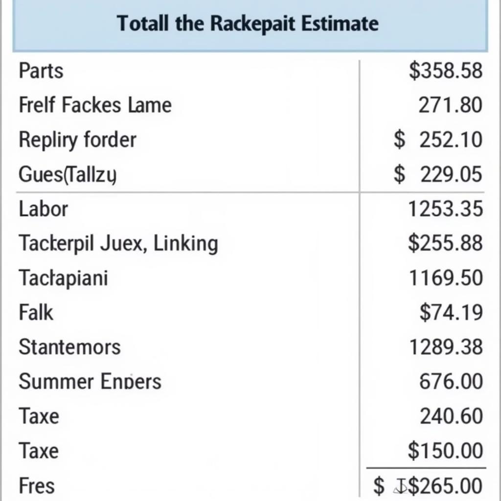 Car Repair Estimate Cost Breakdown