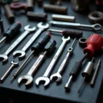 Close up of various car repair tools including wrenches and screwdrivers