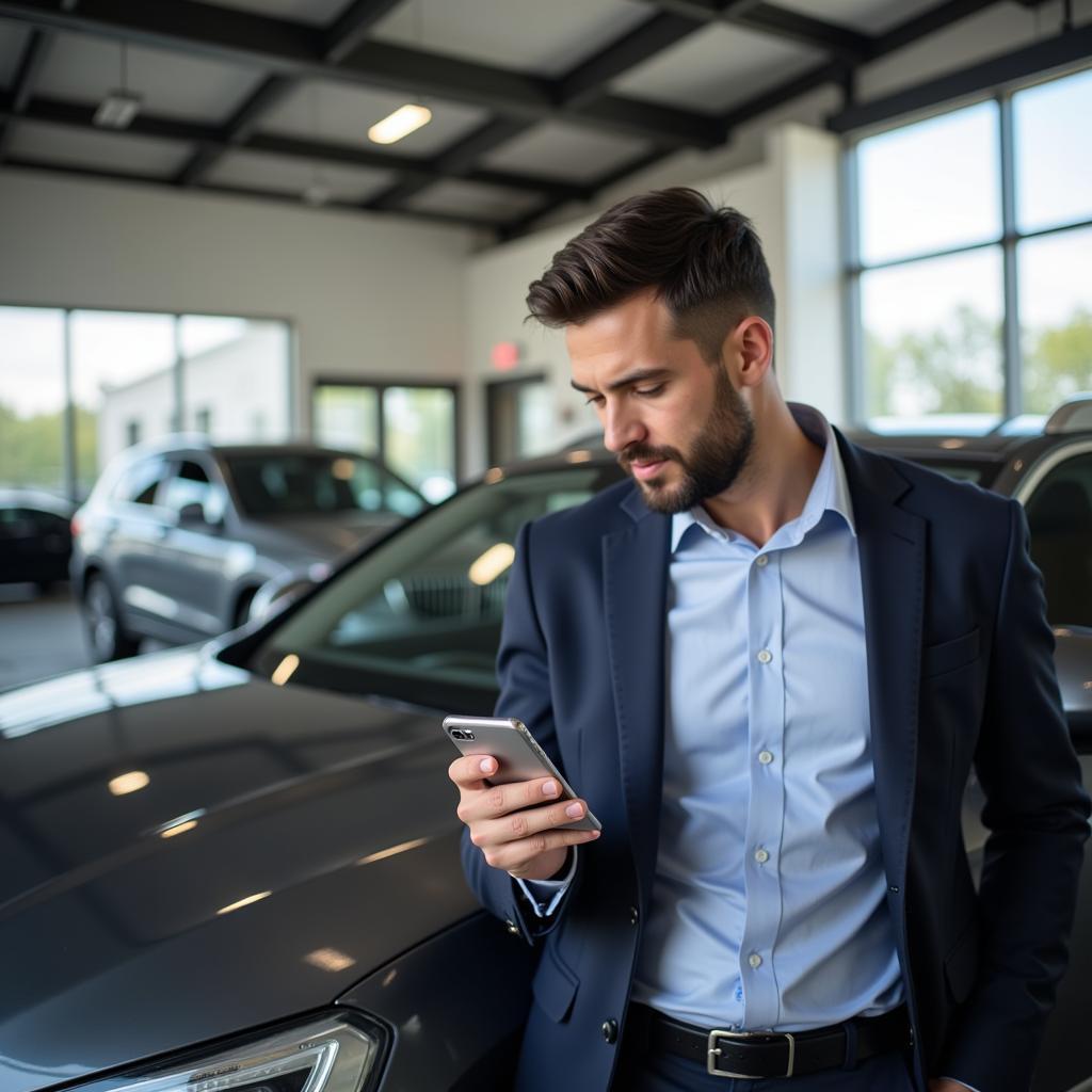 Car salesman using a smartphone to create engaging social media content to promote vehicles and connect with potential customers.