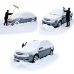 A person using various snow removal tools to clear snow from their car, including a brush, scraper, and shovel.