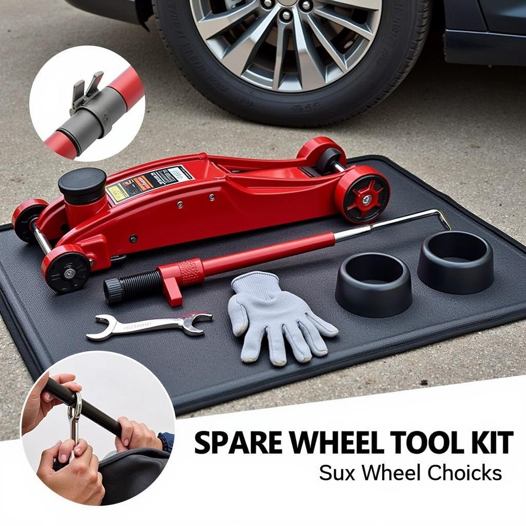 Car spare wheel tool kit components displayed on a mat