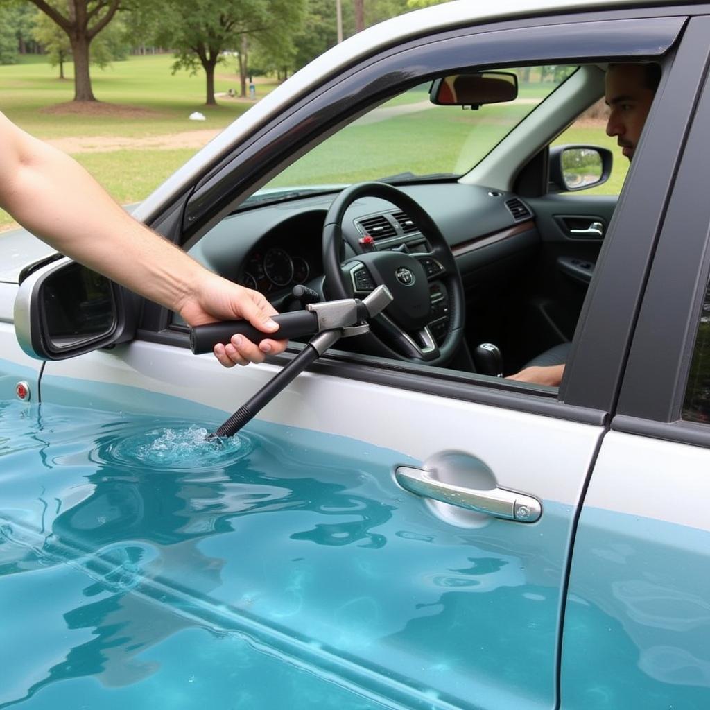 Car Submerged with Escape Tool in Use