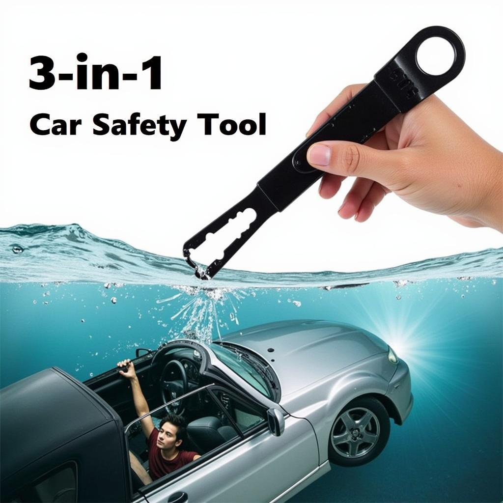 Person escaping a submerged car using a 3-in-1 car safety tool.