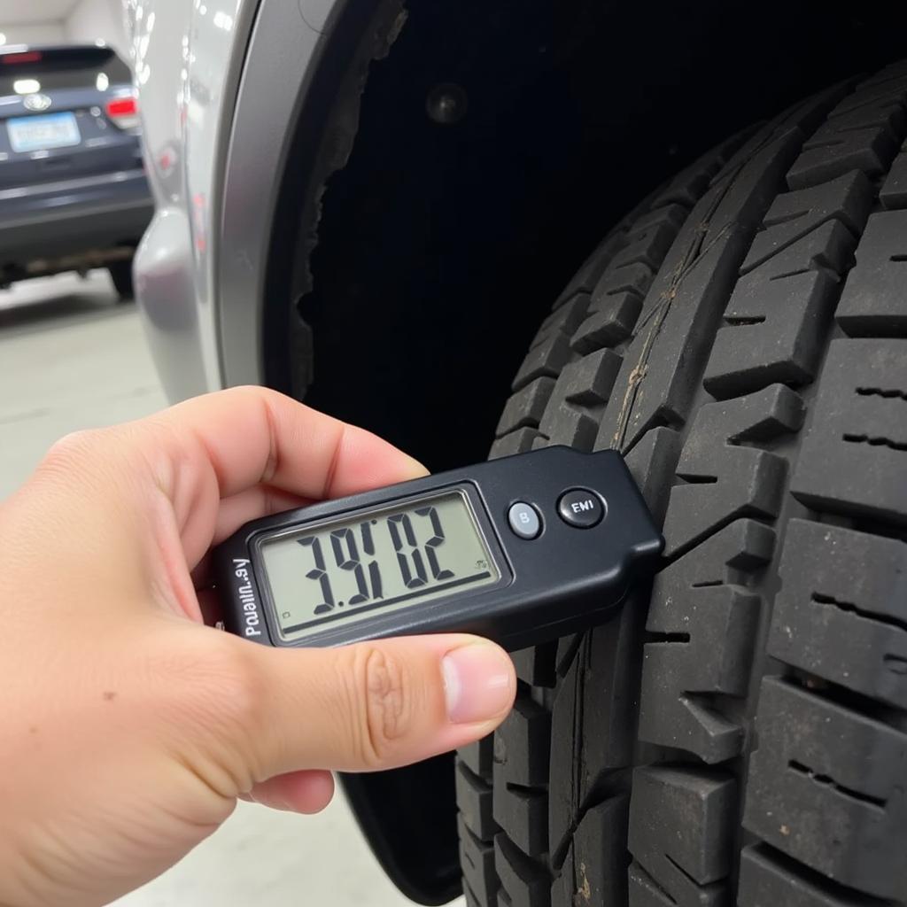 Checking tire tread depth with a gauge