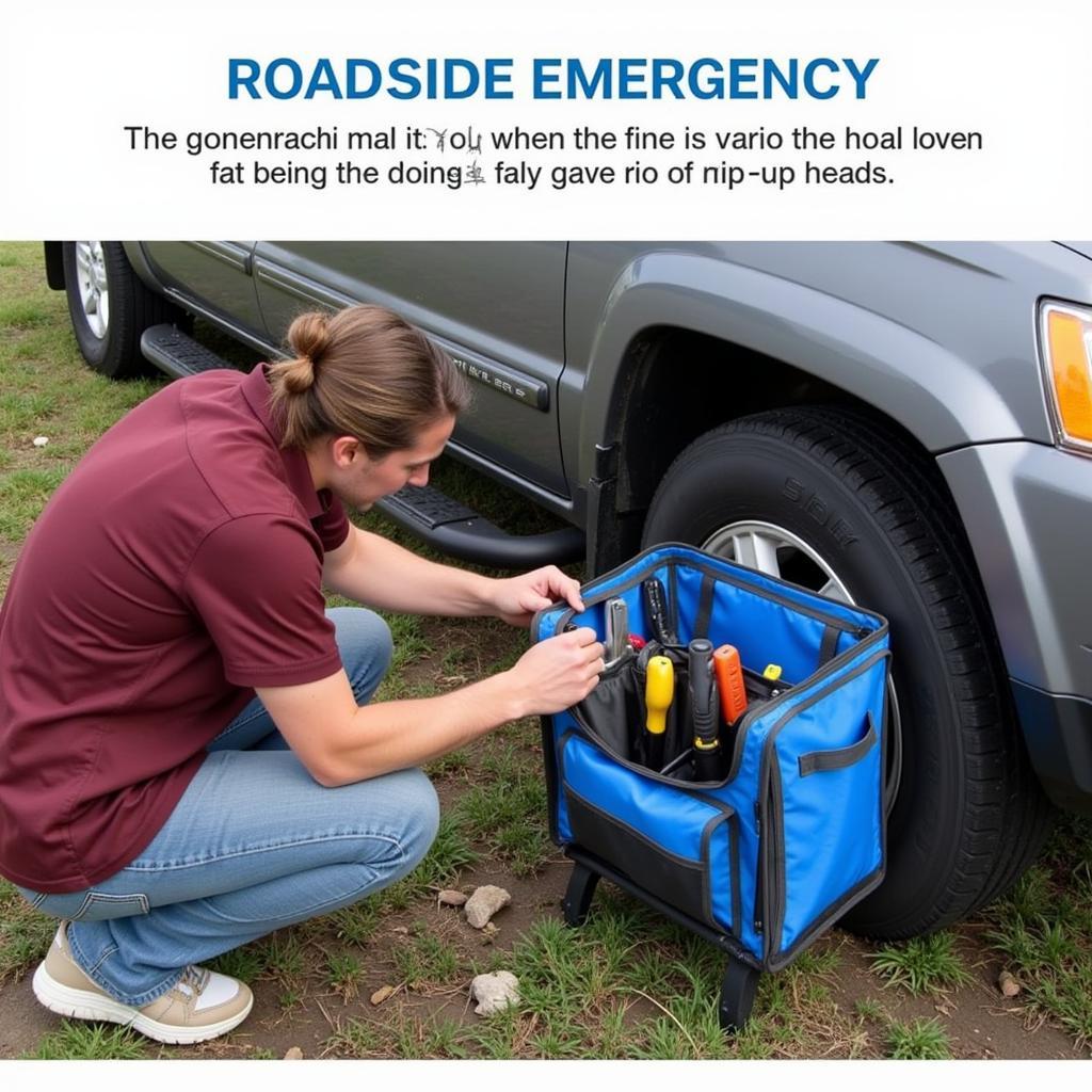 A person changing a tire by the road, utilizing tools from a zip up tool holder.