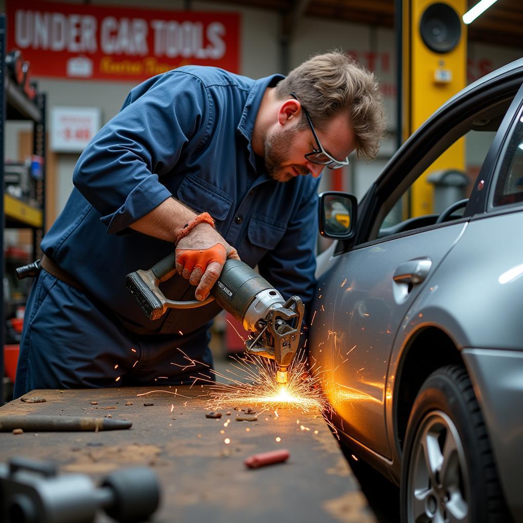 Mechanic Using a Reciprocating Saw During a Car Tool Sale