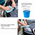 Washing a car with a microfiber mitt using the two-bucket method.