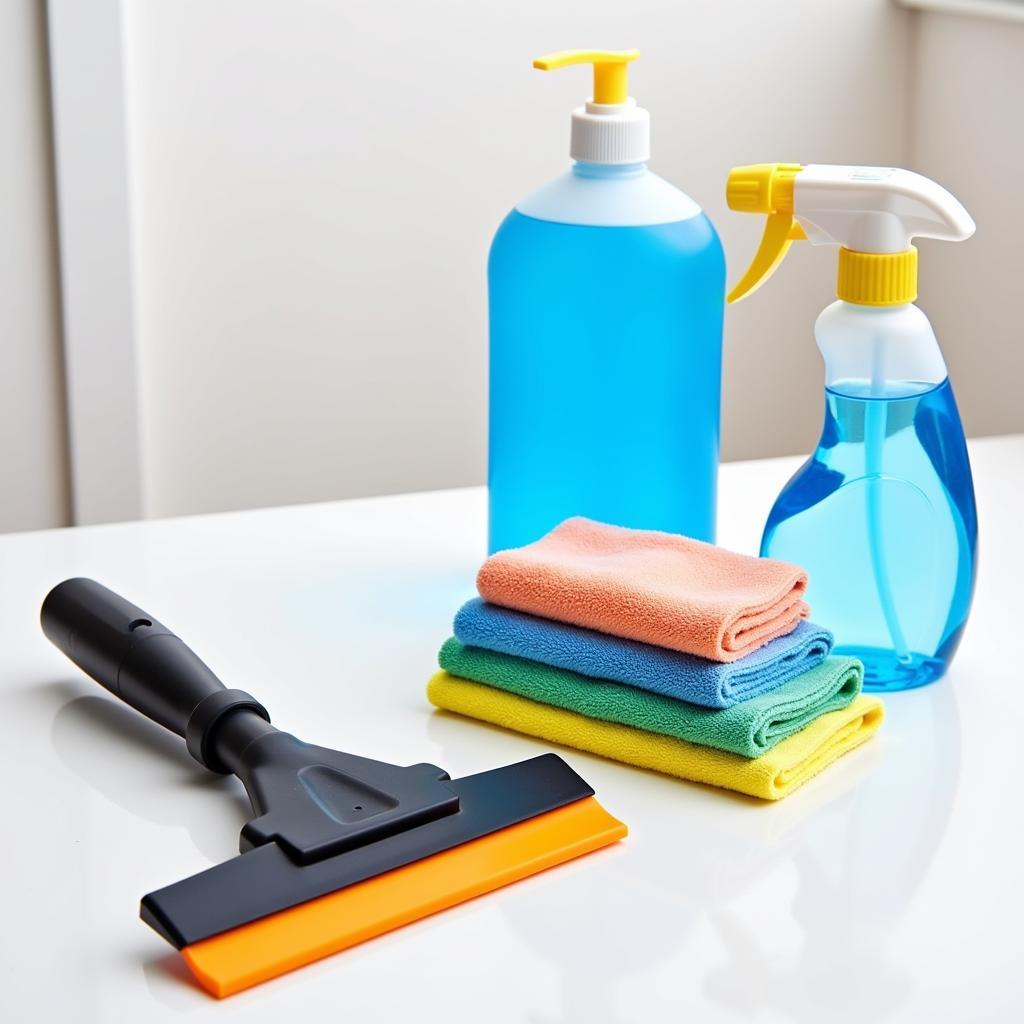 Car window cleaning tools including squeegees, microfiber cloths, and spray bottles