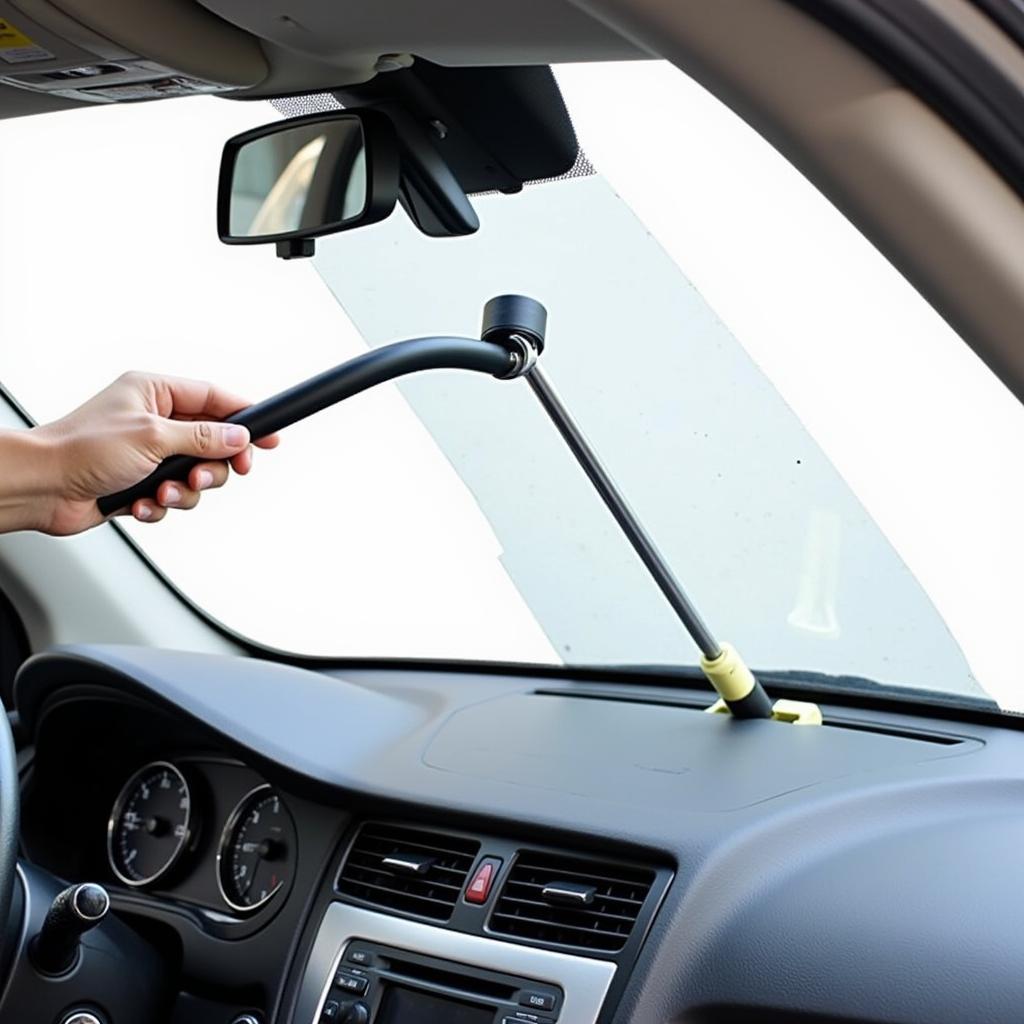 A person using a car window cleaning wand to clean the inside of a car windshield