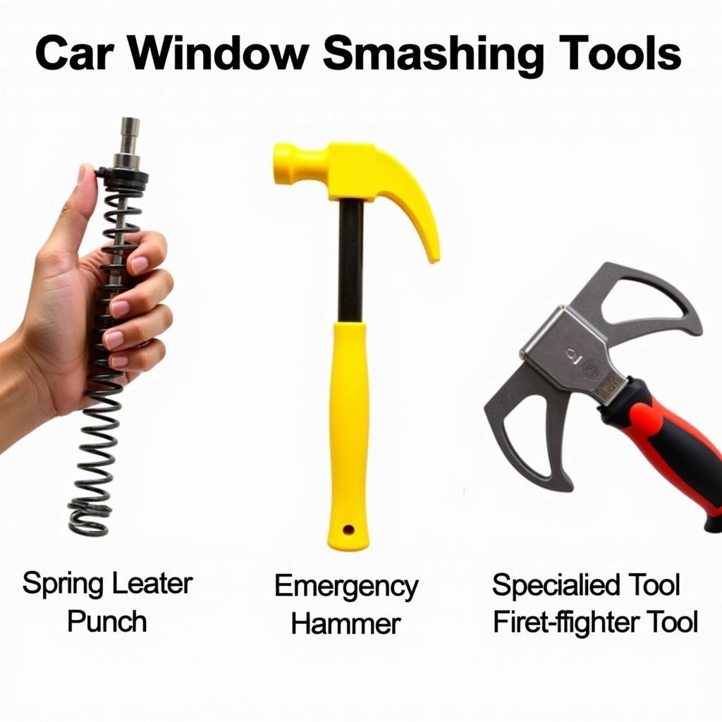 Car Window Smashing Tools: Spring-loaded center punch, emergency hammer, and specialized rescue tool.