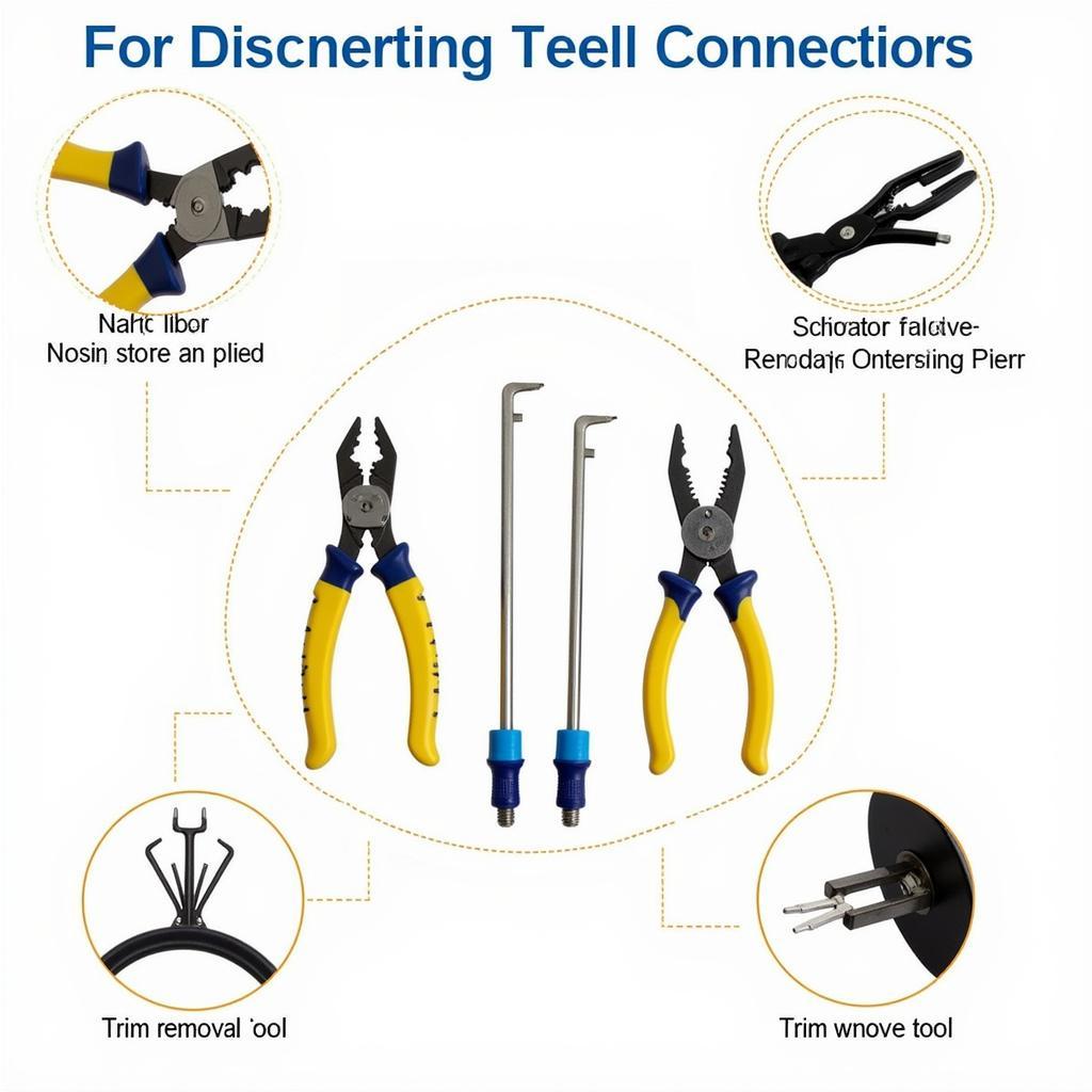 Car Wire Connector Disconnection Tools: A selection of essential tools for safely disconnecting car wire connectors, including various types of pliers, connector removal tools, and trim removal tools.