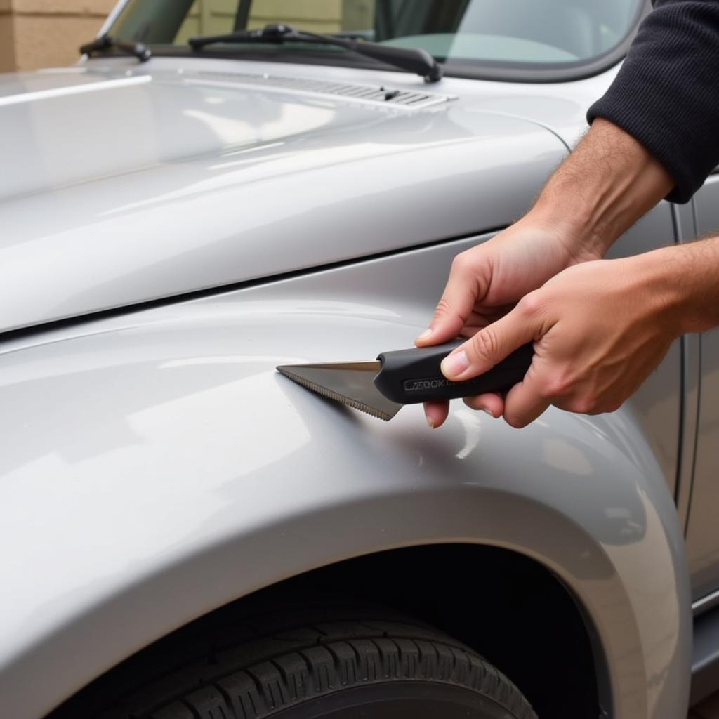 Car Wrap Cutting Technique: Close-up of a hand using a swivel knife to precisely trim vinyl wrap on a car's curved surface