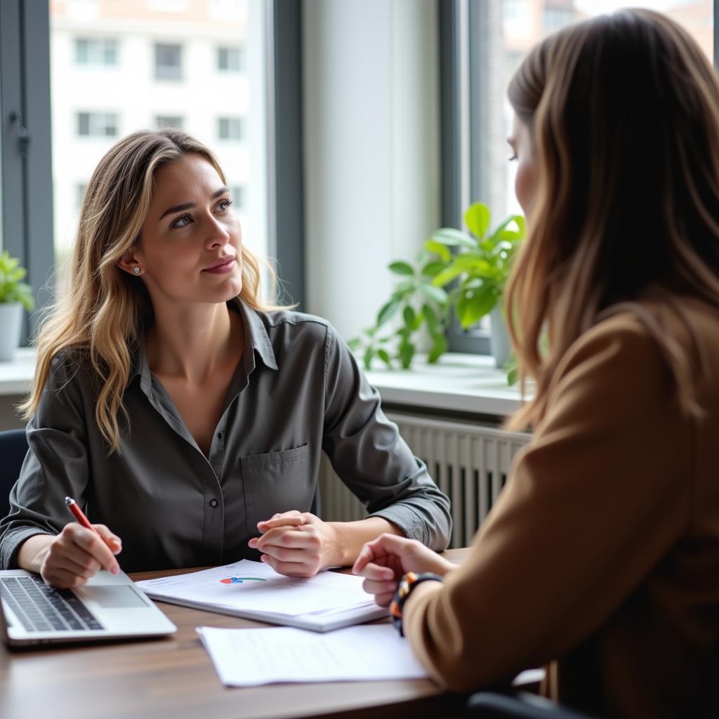 Career coach and client discussing career goals during a coaching session