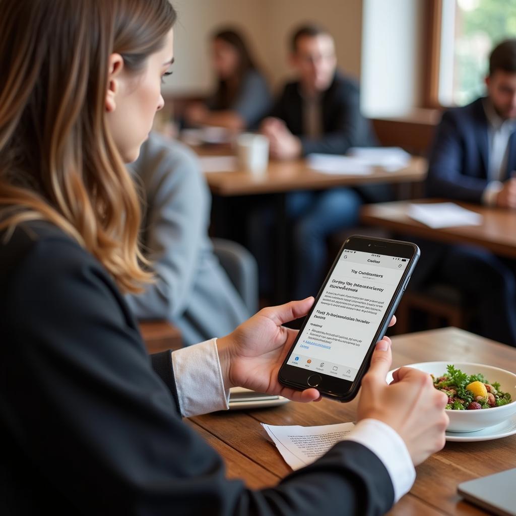 A person discreetly reviewing interview tips on their phone during their lunch break