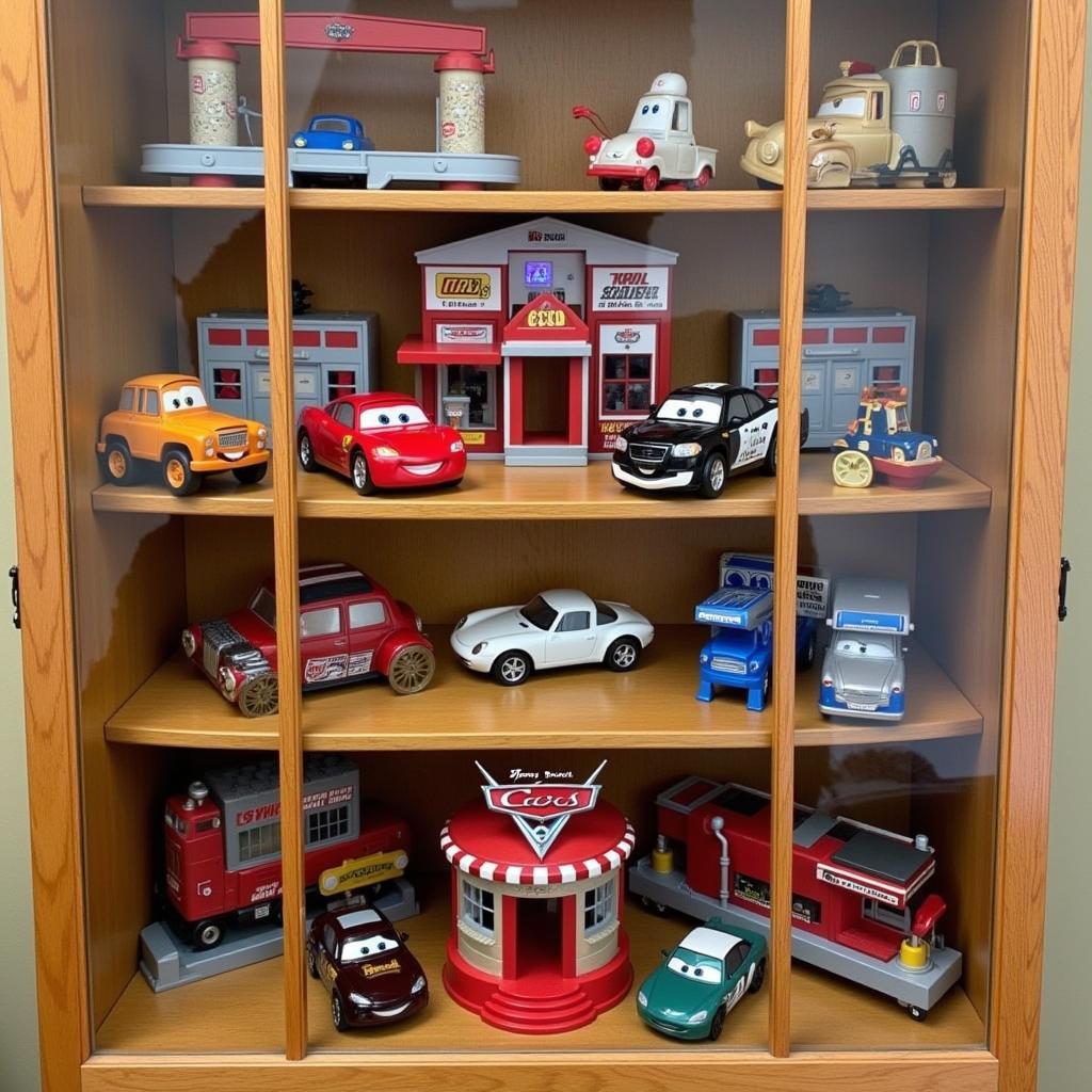 Cars 3 Tool Service Station Collector Display - A collection of Cars 3 Tool Service Station playsets and die-cast cars displayed in a dedicated cabinet.