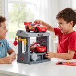 Cars 3 Tool Service Station Playset - Kids playing with the Cars 3 Tool Service Station Playset, featuring Lightning McQueen, Cruz Ramirez, and Jackson Storm.