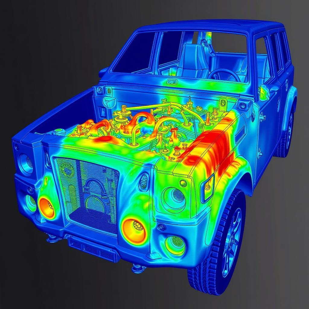 A computer screen displaying a Computational Fluid Dynamics (CFD) simulation of airflow through a car engine