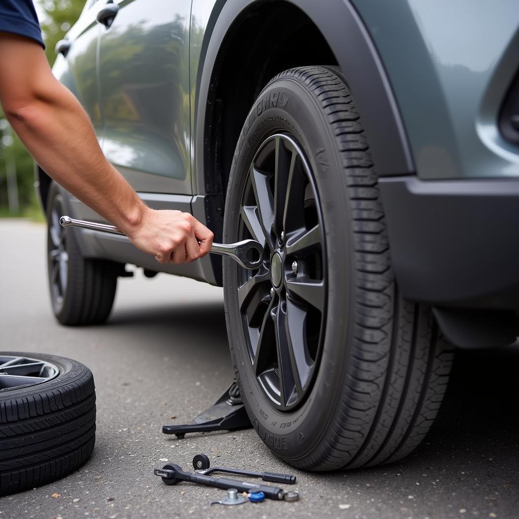 Changing a flat tire on the roadside