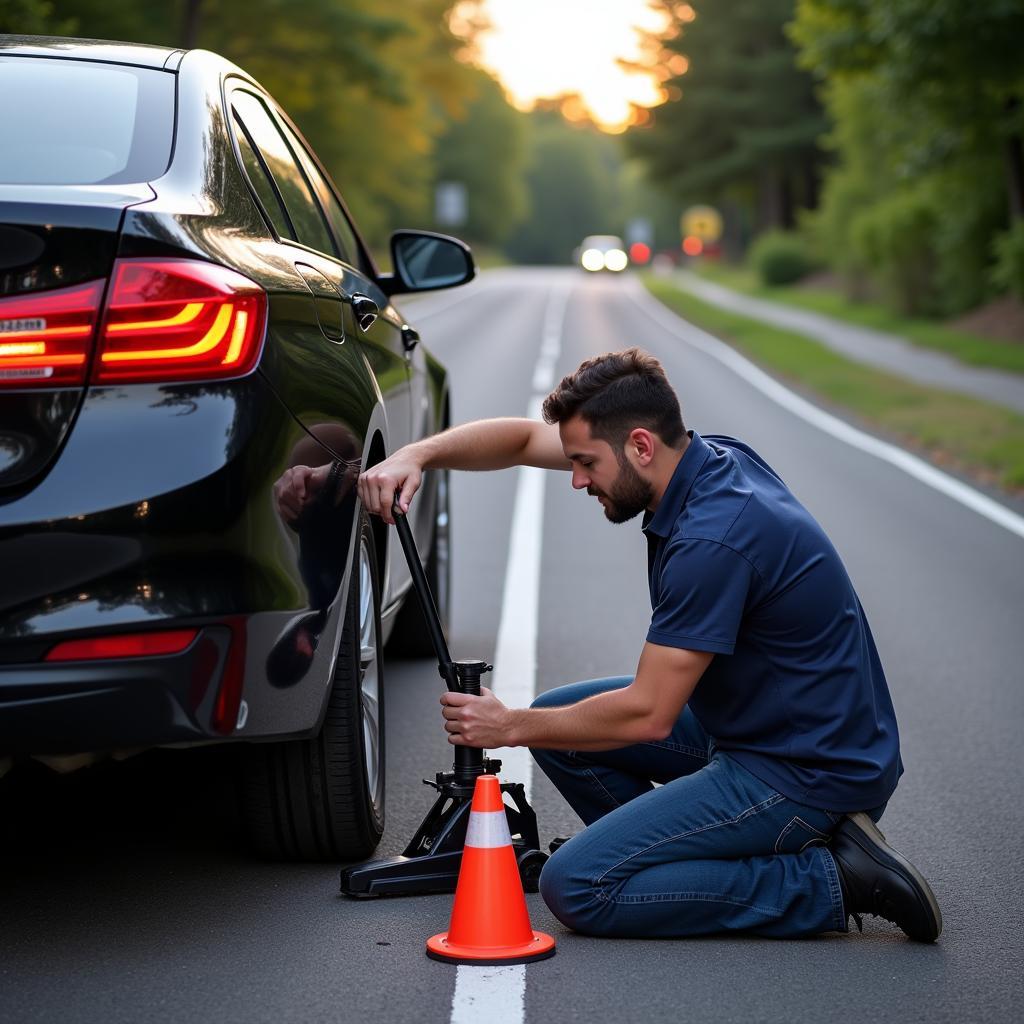 Changing a Flat Tire with Roadside Assistance