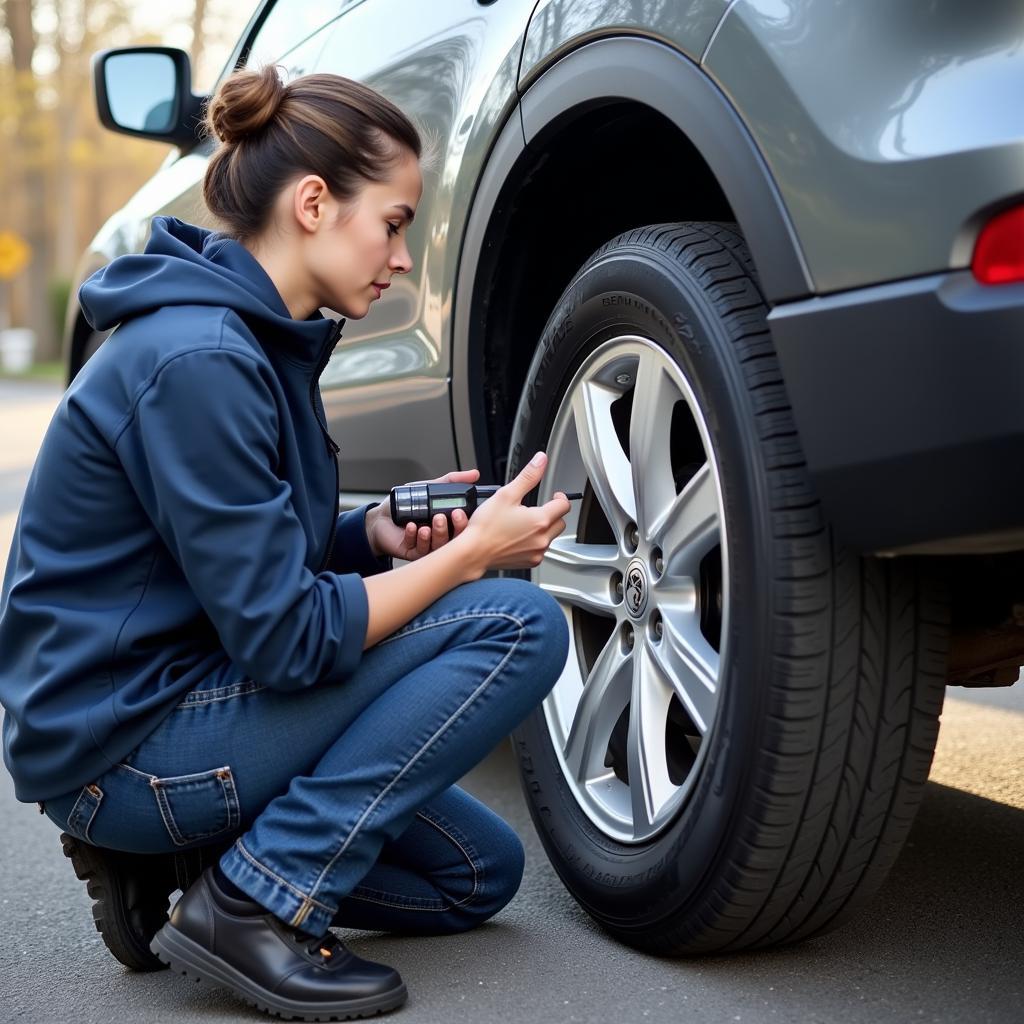 A person checking the pressure of a car's spare tire using a pressure gauge