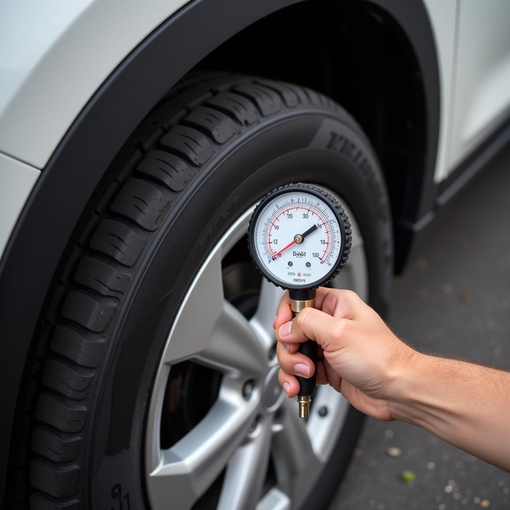 Checking Car Tire Pressure with a Gauge