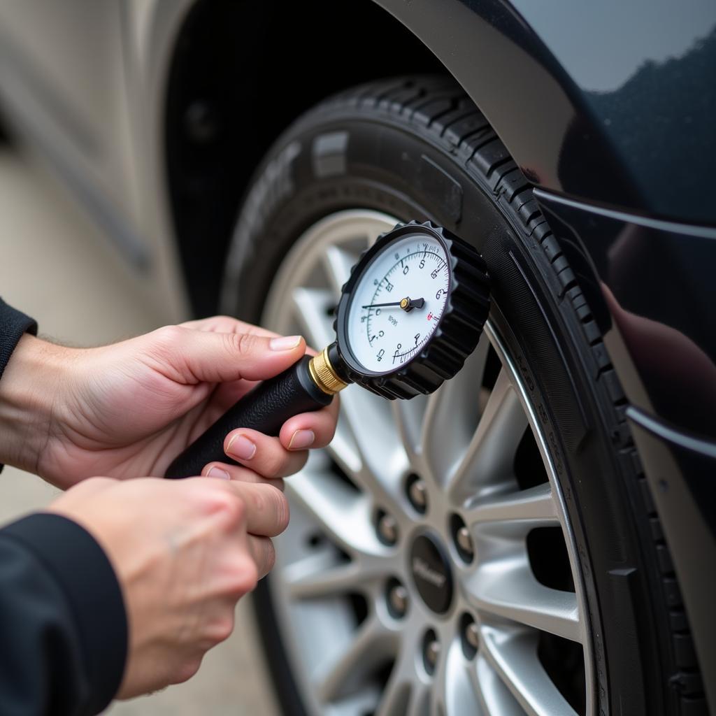 Checking tire pressure with a tire pressure gauge.