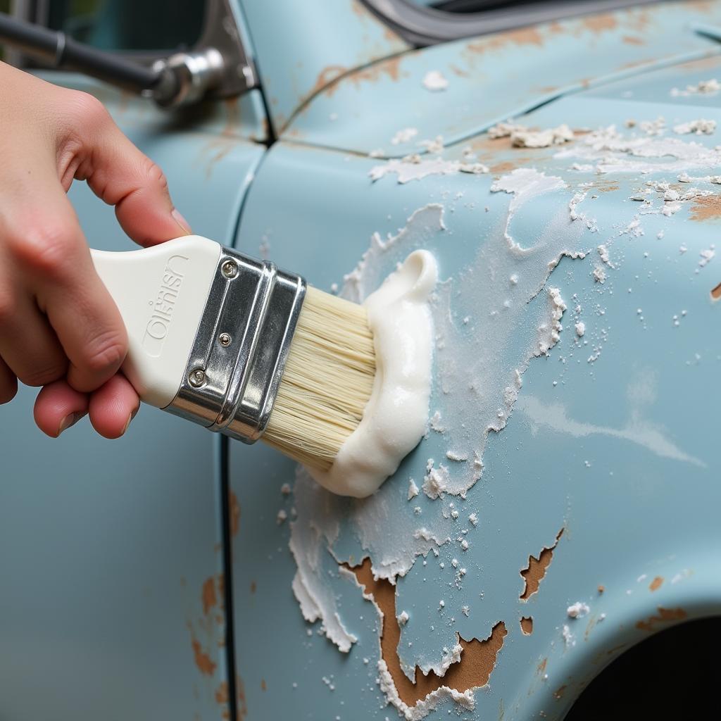 Chemical Paint Remover Applied to Car Panel