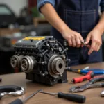 A child exploring a car engine with tools