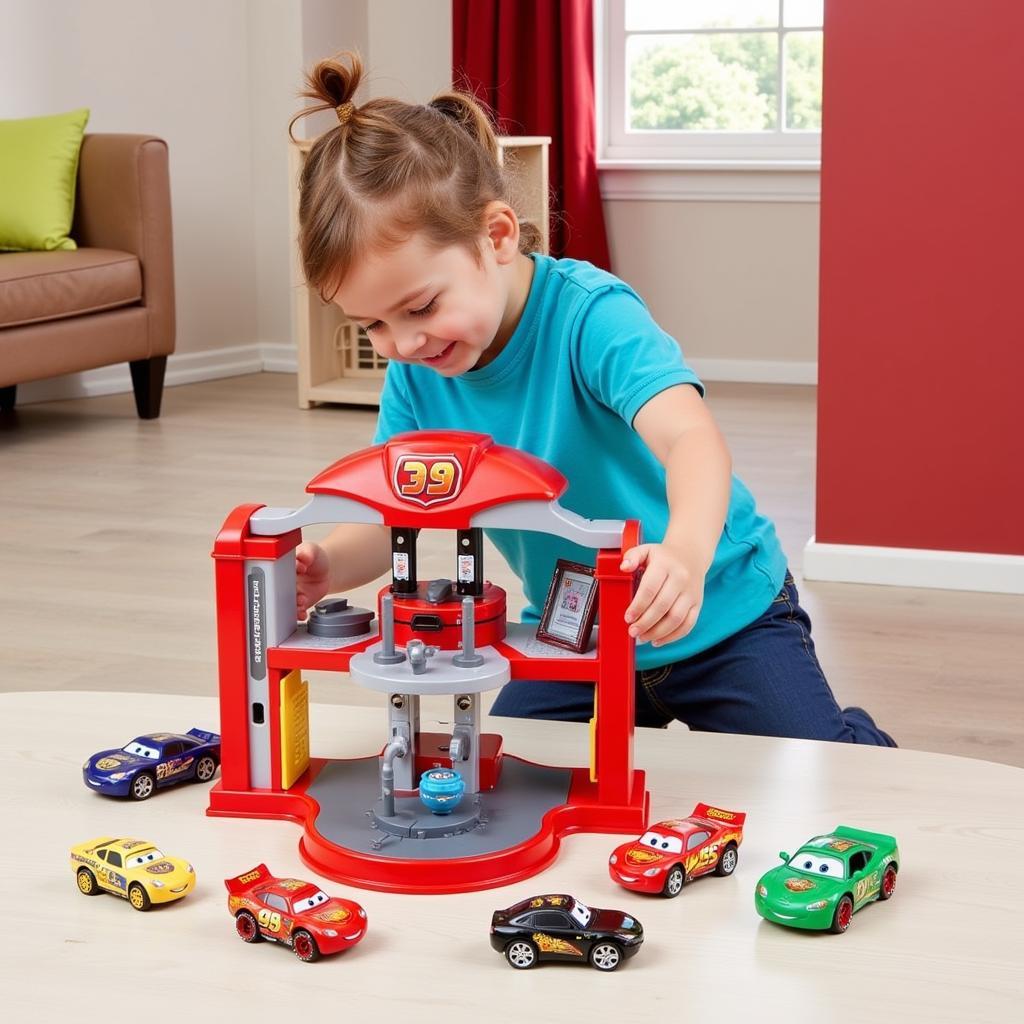 Child Playing with Cars 3 Tool Service Station - A child engrossed in imaginative play with the Cars 3 Tool Service Station, using different characters and accessories.