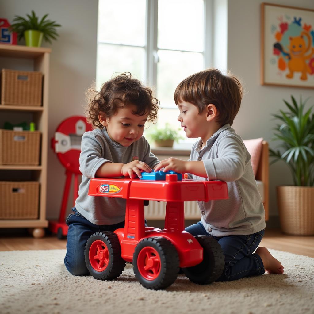 Children Playing Imaginatively with a Cars Rolling Toy Tool Bench