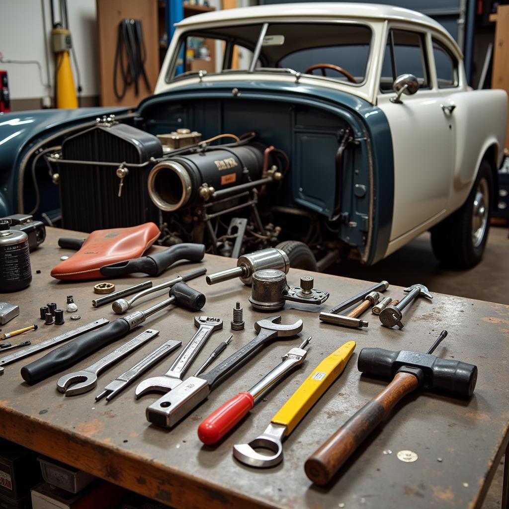 Classic Car Restoration Tools Arranged on a Garage Workbench