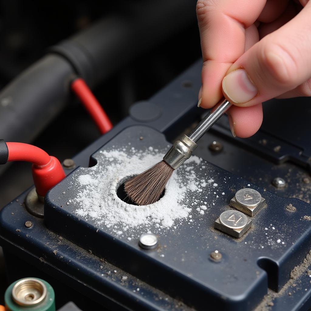 Cleaning corroded car battery terminals using a wire brush