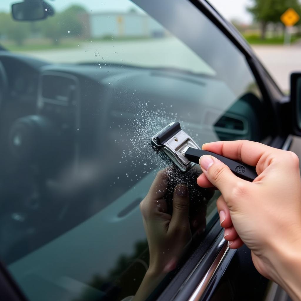 Cleaning Car Window Interior with Squeegee