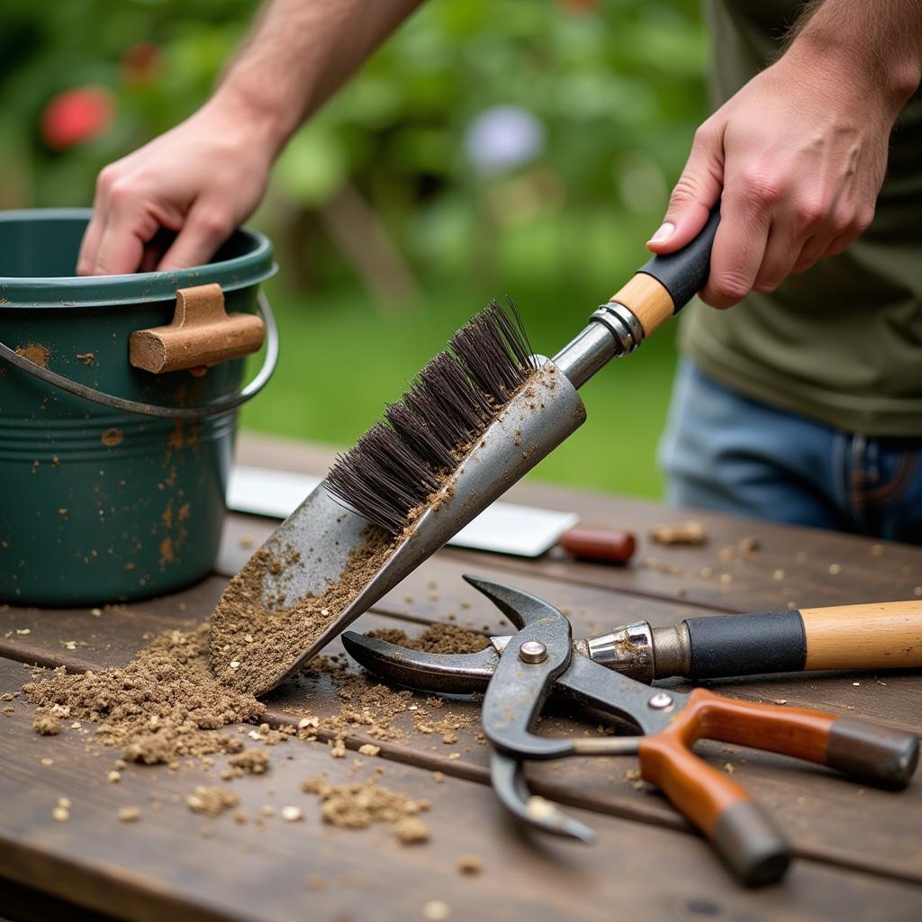 Cleaning Garden Tools with Brush and Water